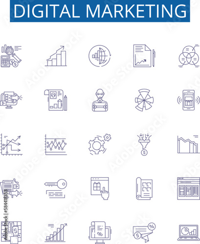 Digital marketing line icons signs set. Design collection of Digital, Marketing, SEO, Social, Media, Analytics, PPC, Advertising outline concept vector illustrations