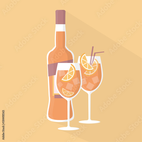 a bottle of aperol and two orange aperol spritz cocktails with ice and orange simplified vector illustration in flat and vintage style