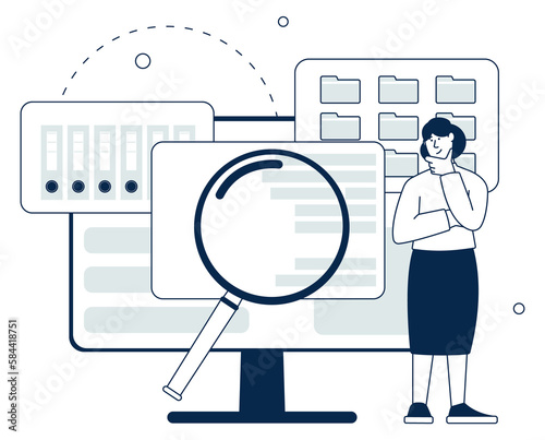 Data search concept. Woman looking for files on computer