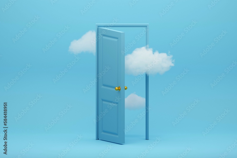 White fluffy clouds going through open door, objects isolated on blue background. Modern minimal concept. 3d rendering 