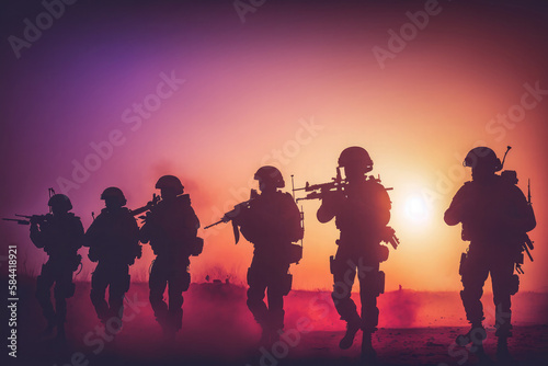 AI generated silhouettes of army soldiers attacking in smoke against sunset marines team in action