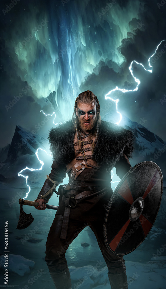 Art of aggressive viking with shield and axe against storm and snowy mountains.
