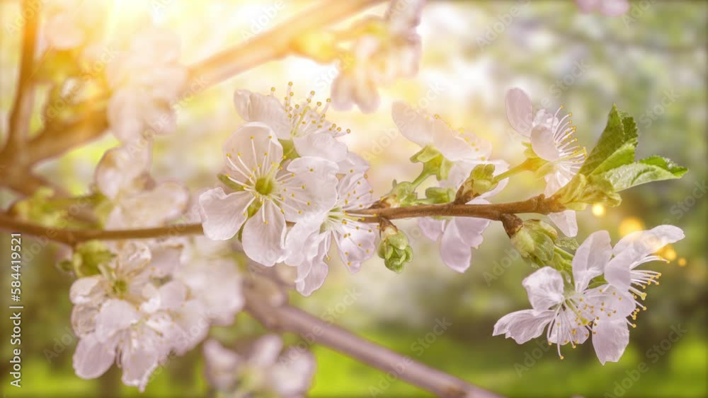 4K Time Lapse of flowering Cherry flowers on black background. Spring timelapse of opening Sakura flowers on branches Cherry tree.
