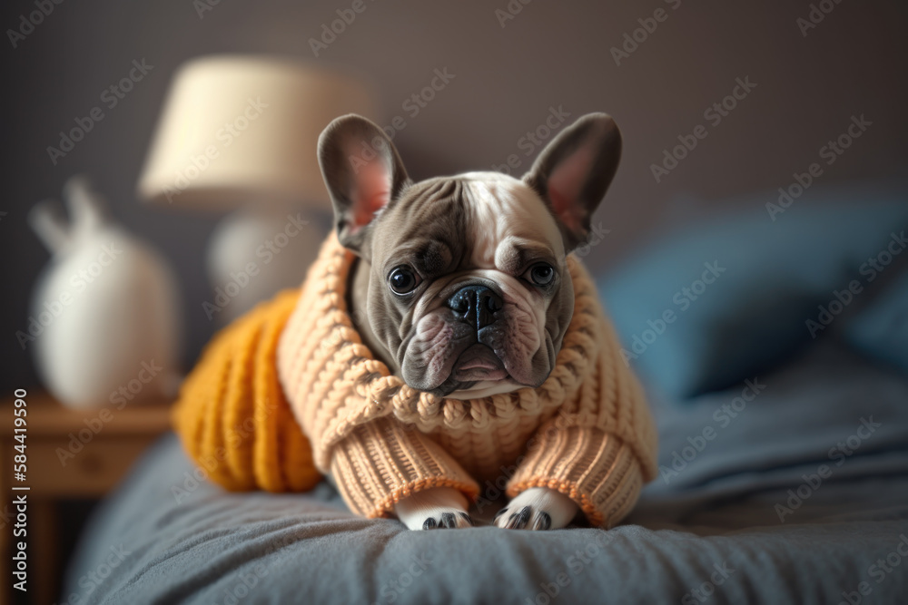 home pet French Bulldog in clothes resting on the bed Generative AI