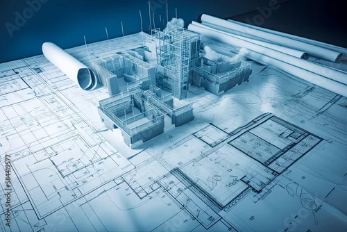 Obraz Blueprint for construction project rendered concept. - Generative Ai. -  engineering, design, plan, blueprint, building, structure, development, construction site, construction worker, crane.