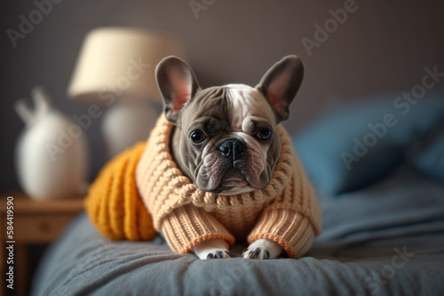 home pet French Bulldog in clothes resting on the bed Generative AI