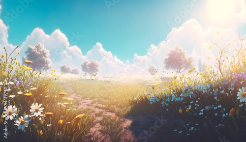 A blooming field of flowers  blue sky and sunshine pencil environmental art  Spring and summer landscape.