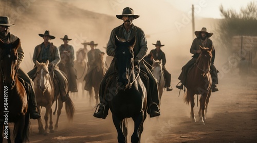 A group of cowboys riding into town on horseback, kicking up dust as they go Generative AI