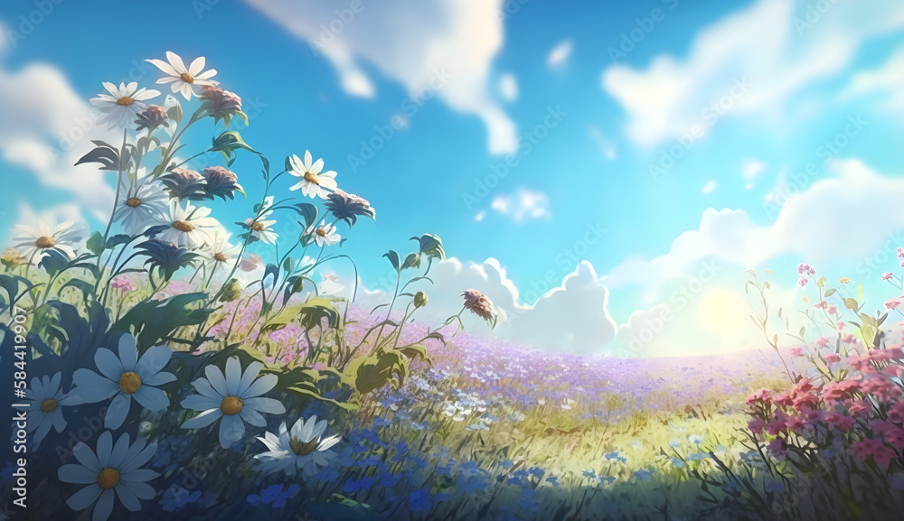 A blooming field of flowers, blue sky and sunshine,pencil environmental art, Spring and summer landscape.