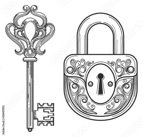 Fotografie Skeleton key and vintage ornate metal lock drawing