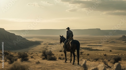 A lone cowboy on horseback overlooking a vast and empty desert Generative AI © Наталья Евтехова