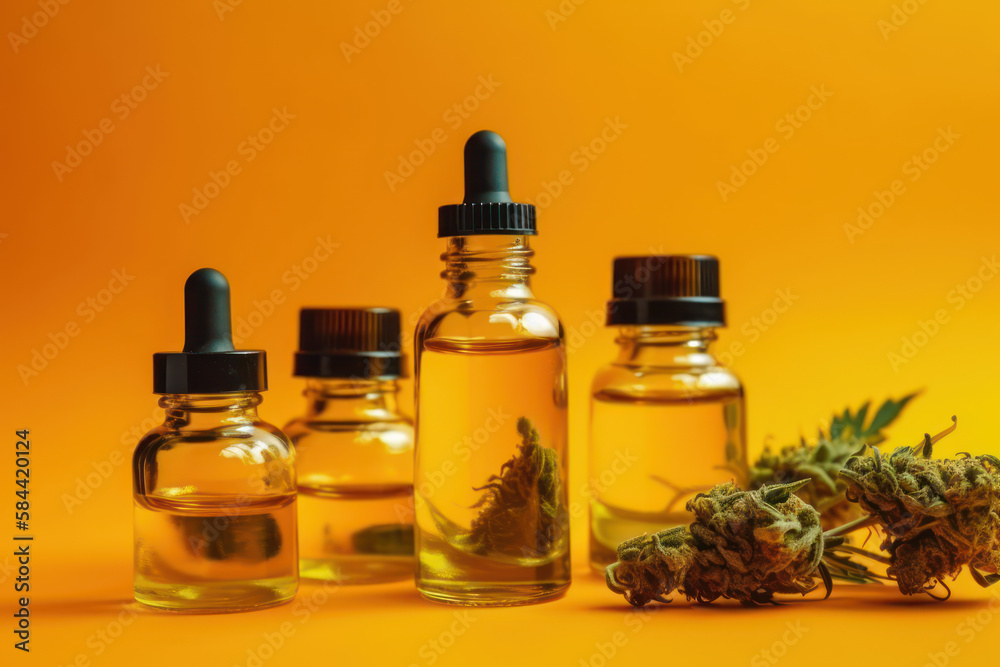 medical marijuana oil bottles on yellow background Generative AI medical marijuana oil bottles on yellow background Generative AI