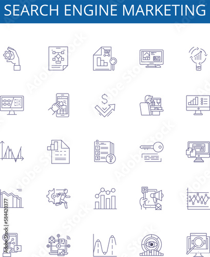Search engine marketing line icons signs set. Design collection of SEM, SEO, Advertising, Analytics, Traffic, PPC, CTR, CPC outline concept vector illustrations