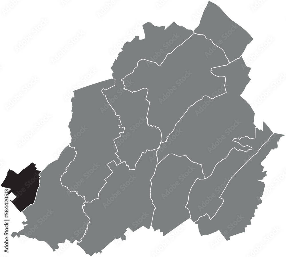 Black flat blank highlighted location map of the BOUSSOIT MUNICIPALITY inside gray administrative map of LA LOUVIÈRE, Belgium