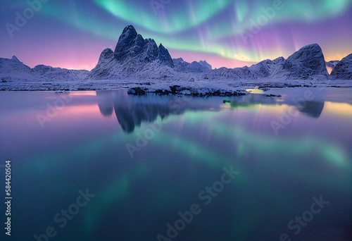 Aurora borealis on the Lofoten islands, Norway. Night sky with polar lights. Night winter landscape with aurora and reflection on the water surface. Natural background in the Norway. Generative AI