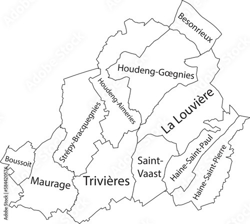 White flat vector administrative map of LA LOUVIÈRE, BELGIUM with name tags and black border lines of its municipalities