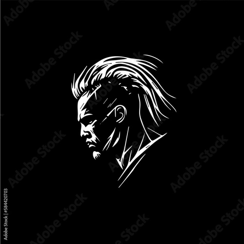 Punk head with erosion, fashionable man hairstyle, beauty salon emblem, modern barbershop logo, hipster style. tattoo-style logo, white face silhouette on black background. Vector illustration