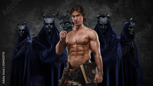 Foto Studio shot of Mystic cult of five prayers in setting of dark fantasy