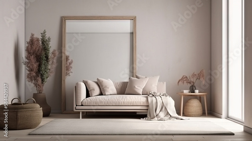 Bohemian Interior Design Style living room in pastel colors mock-up with frame for picture generative ai © Roman
