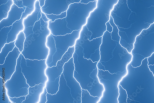 Seamless texture of many Lightning flashes in the night blue sky. Lightning bolts, thunderbolts. Generative AI.