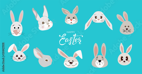 Happy Easter bunnies banner with heads of rabbits and hand drawn lettering text. Set of cute hares in different poses on blue background. For greeting cards, banners, invitation. Vector illustration.
