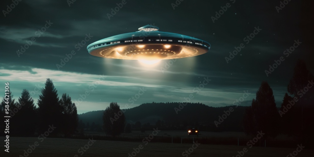 Photorealistic UFO in the sky at night. AI generated, human enhanced