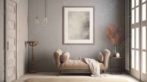 Bohemian Interior Design Style living room in pastel colors mock-up with frame for picture generative ai