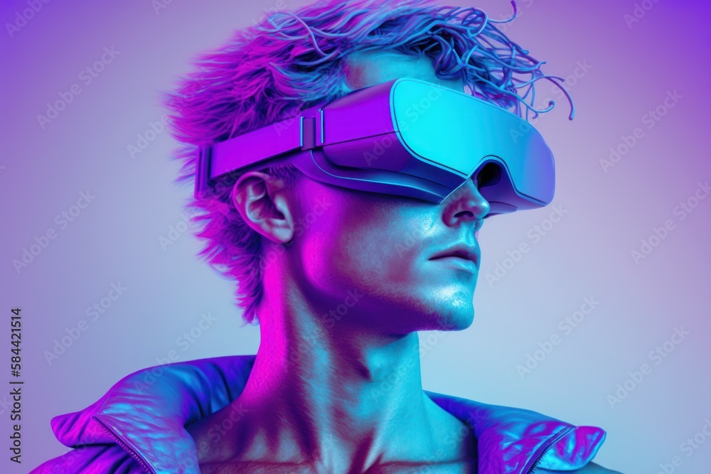 Young man wearing virtual reality glasses. AI generated, human enhanced.