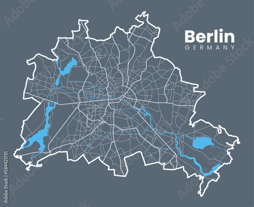Detailed map of Berlin - the capital of Germany - Urban borders map. Light stroke version on dark background of City poster with streets.