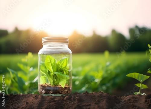 The seedlings growing from the rich soil into the glass jar, ecological agriculture concept. Generative AI