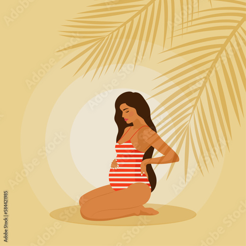 Banner with pregnant woman in a summer swimsuit, future mom hugging belly with arms. Flat vector illustration. Happy Mother's Day.