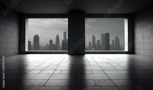  an empty room with a view of a city outside the window. generative ai