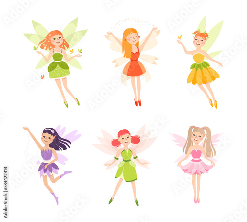 Cute Girl Fairy Flying with Wings and Magic Wand Vector Set