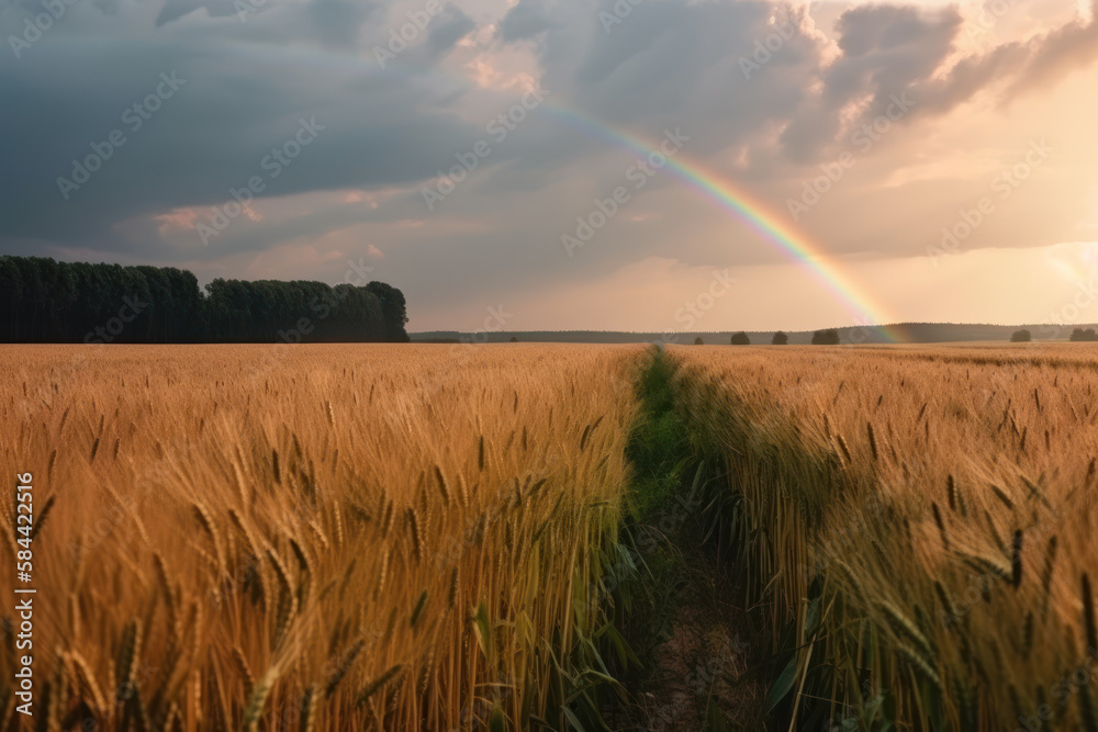 wheat field with rainbow and cloudy sky Generative AI wheat field with rainbow and cloudy sky Generative AI