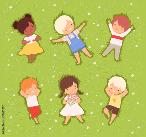 Happy Kids Lying Down on Green Lawn and Smiling Vector Set