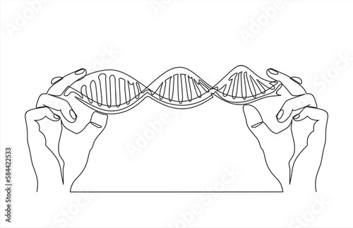 One continuous line drawing of hands holding DNA. vector illustration