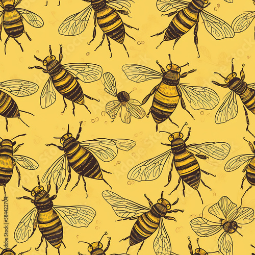 Seamless yellow pattern showcasing detailed illustrations of bees and flowers, ideal for nature-inspired themes or honey product branding.