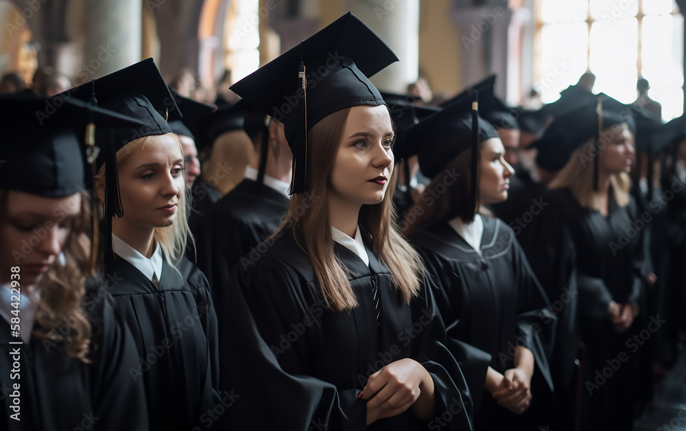 Obraz premium A heartwarming group capture of high school graduates, their smiles radiating the joy of accomplishment and the anticipation of new beginnings.