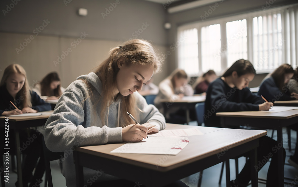 Students in a classroom setting, deeply focused on writing their assignments with one female student in the foreground. Students in a classroom setting, deeply focused on writing their assignments with one female student in the foreground.
