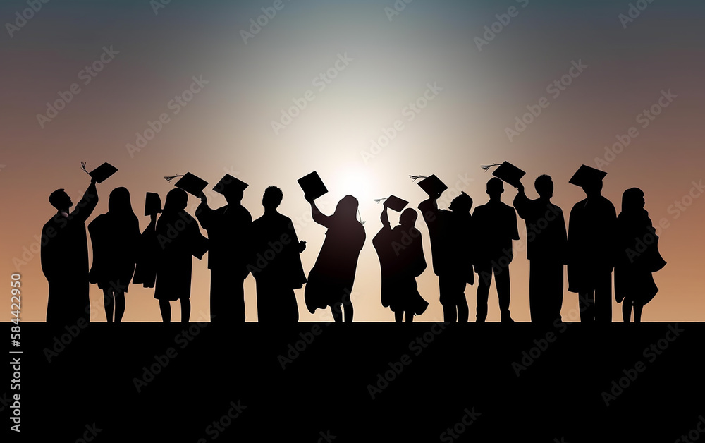 Silhouette of a group of graduates wearing caps and gowns, celebrating their achievement against a backdrop of a setting sun.