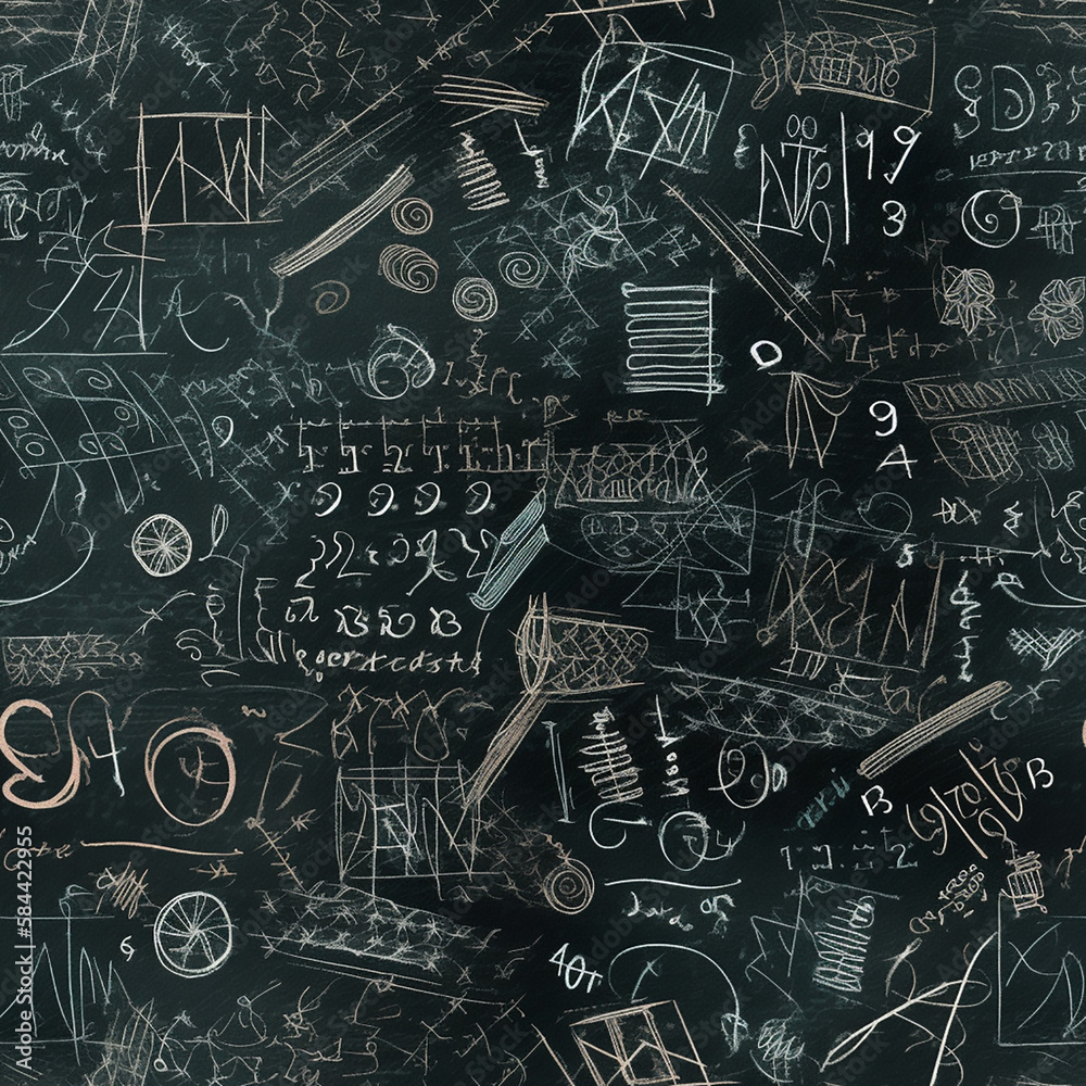 Blackboard-inspired seamless pattern with sketches of mathematical symbols, formulas, and diagrams, perfect for educational or scientific contexts.