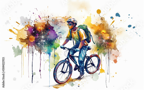 Watercolor portrayal of a cyclist wearing a helmet and backpack, pedaling amidst a burst of colorful splatters, emphasizing the joy of cycling.