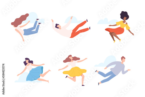 Flying Man and Woman Floating in the Air and Cloud Fantasizing Vector Set