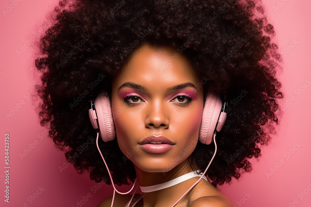 Dreamy black woman with afro hair and headphones on pink background, generative ai Dreamy black woman with afro hair and headphones on pink background, generative ai