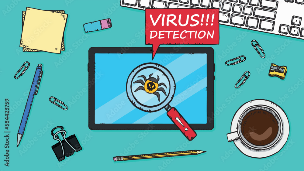 Vector illustration of a magnifying glass detecting a virus on a tablet