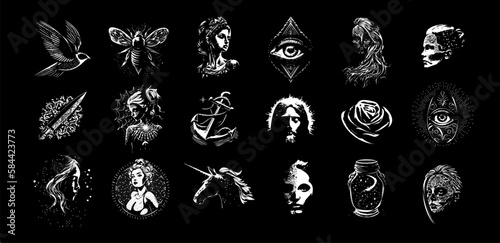 Tattoo sketch collection, modern dotwork tippling tattoo. Hand drawing objects emblem on black background for body art, sketch monochrome logo set. Vector illustration