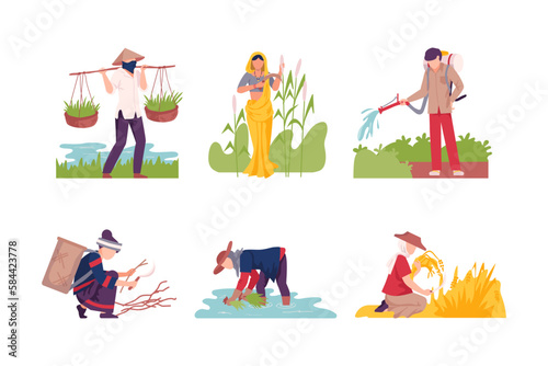 Asian Male and Female Farmer Cultivating Agricultural Crop Vector Illustration Set