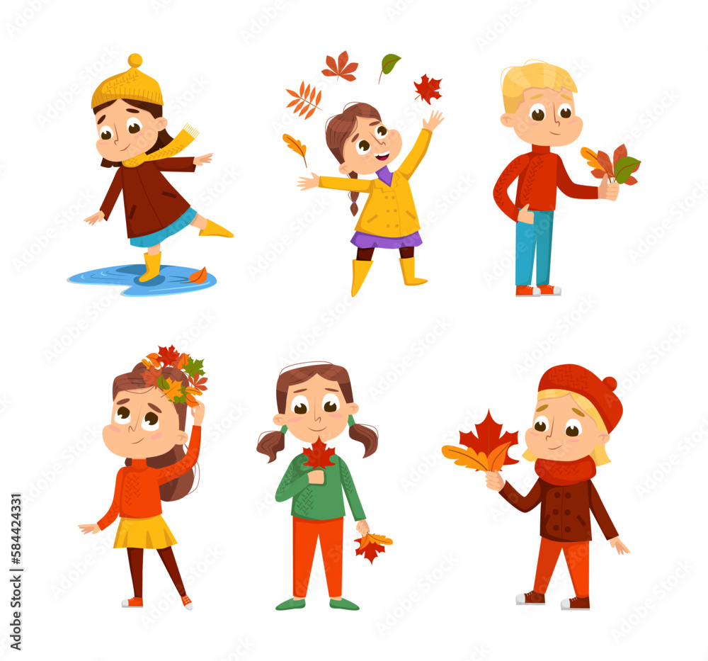 Cute Little Girl and Boy with Autumn Leaves Enjoying Fall Season Walking Outdoor Vector Set