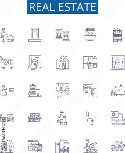 Real estate line icons signs set. Design collection of Property, Homes, Land, Houses, Investment, Agent, Broker, Market outline concept vector illustrations