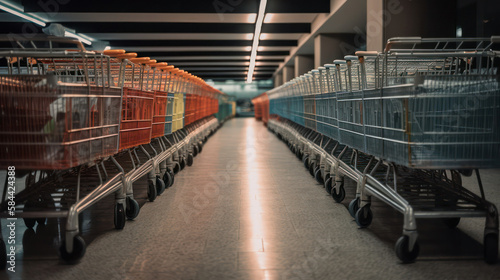 A row of multi-colored carts stands inside the store before the opening. generative AI